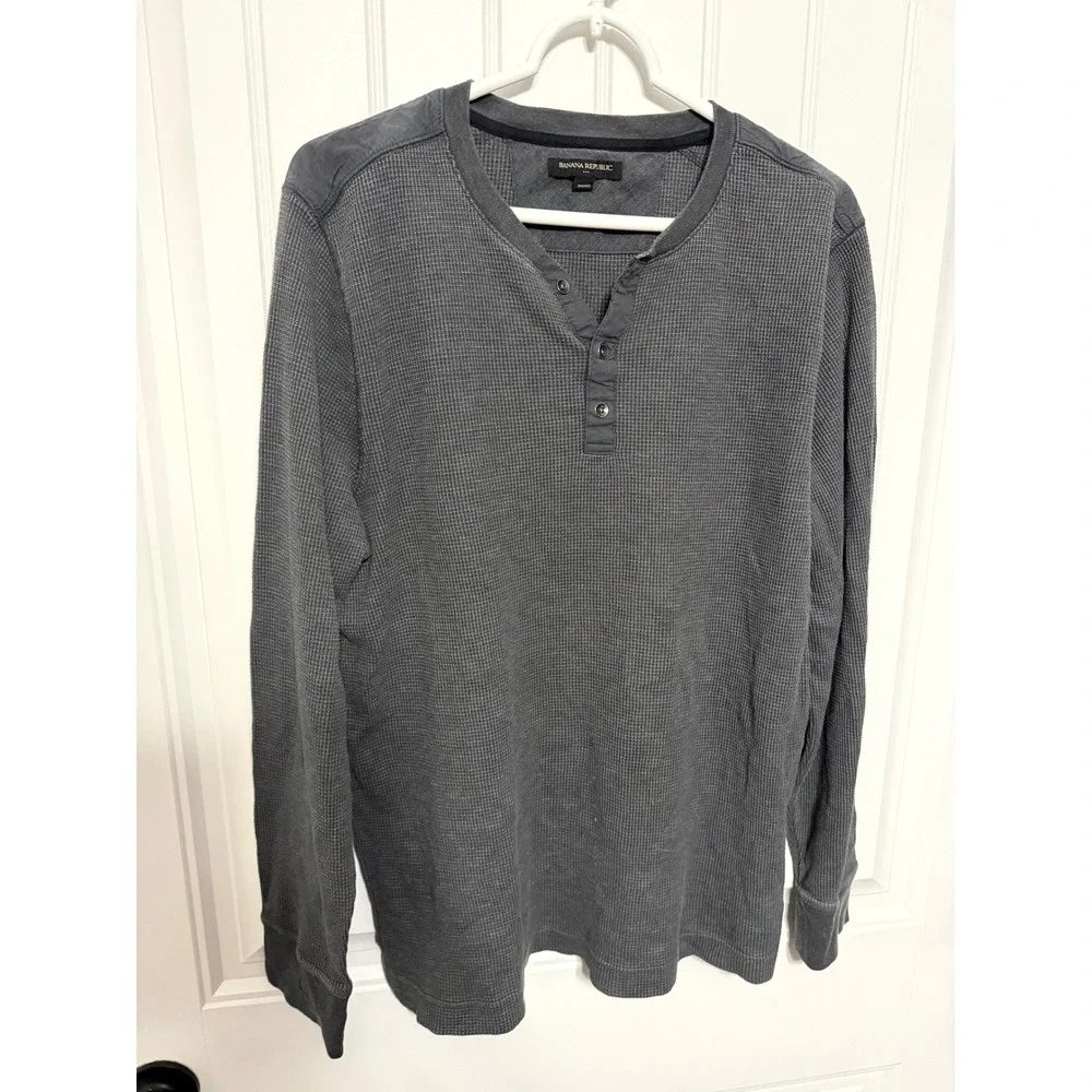 Banana Republic Henley Shirt Mens XL Gray Waffle Knit Thermal Long Sleeve